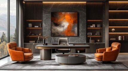 Modern office space featuring stylish furniture and a striking abstract painting.