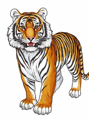 Fototapeta premium Majestic tiger standing, white background, wildlife illustration, zoo, children's book.