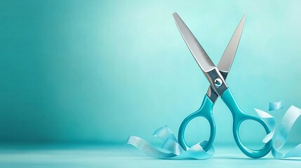 Pair of sharp blue scissors floating mid air against a clean light blue toned backdrop  Minimalist abstract and geometric composition showcasing the elegant modern design of the cutting tool