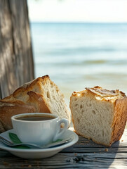 cup of coffee and bread, magazine style photo-like, 8k high resolution, natural house, yellow white tone, chill lifestyle, comfortable and neat, wooden and ocean atmosphere, close-up shot