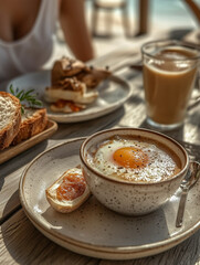 cup of coffee and bread, magazine style photo-like, 8k high resolution, natural house, yellow white tone, chill lifestyle, comfortable and neat, wooden and ocean atmosphere, close-up shot