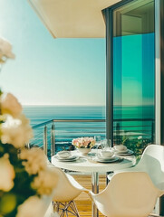 Magazine photo-like, 8k high resolution, natural house, white gray tone, chill lifestyle, comfortable and neat, wooden and ocean atmosphere, close-up shot, minimalist and background. nice view, f