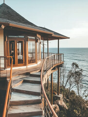 magazine style photo-like, 8k high resolution, no body, house, white gray tone, chill lifestyle, comfortable and neat, ocean atmosphere, close-up shot, minimalist and background. nice view, vacation.
