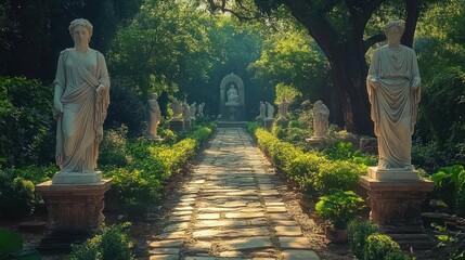 Stone statues line a sunlit garden path.
