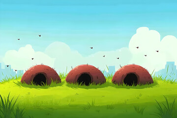 Ant hills, city skyline background, nature illustration.