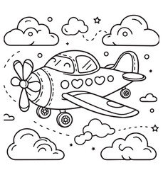 Cute air plane fly with clouds coloring page education for kid