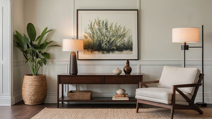 Fototapeta premium AI Generated Interior living room with minimal furniture and earthy tone color.