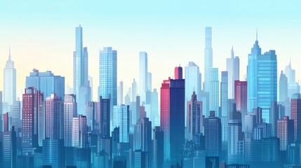 Obraz premium Panoramic view of a modern city skyline at sunrise.