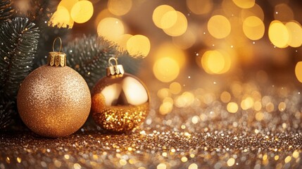 Golden Christmas Ornaments with Bokeh Lights