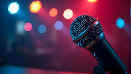 A microphone on stage, bathed in vibrant neon lights, ready to capture the performance.  Awaiting the artist's voice.