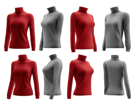 set of six mockups of a long-sleeved turtleneck t-shirt in red and gray colors isolated on a transparent background