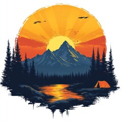 Scenic mountain landscape with a sunset, river, and camping tent.