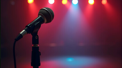 Obraz premium A single microphone stands ready on stage, bathed in vibrant red, blue, and yellow stage lights. The anticipation is palpable, the silence before the storm.