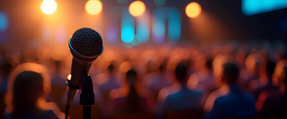 A single microphone stands ready, bathed in warm stage lights, before a blurred crowd eagerly awaiting a performance.  The anticipation is palpable.