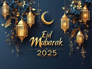 Elegant Eid Mubarak 2025 greeting with gold lanterns, crescent moon, and blue floral decorations.
