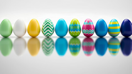 Fototapeta premium A neat line of colorful easter eggs are evenly spaced on a white background.