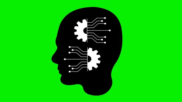 video animation black silhouette profile head of person with white icon machine learning concept, on a green chroma key background