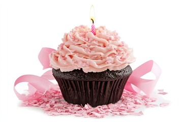 A delicious cupcake with fluffy pink frosting, topped with a single lit candle, surrounded by pink confetti and ribbons on a white background.