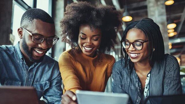 Three black people sitting together looking at tablets They were smiling and looked like they were having fun together.