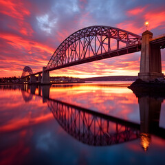 Naklejka premium Dusk over River: A Panoramic Perspective of Architectural Mastery and Vibrant Skies