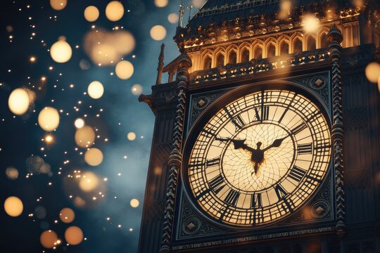 A detailed illustration of a grand clock tower striking midnight, with golden fireworks lighting up the night sky and sparkling bokeh effects creating depth.