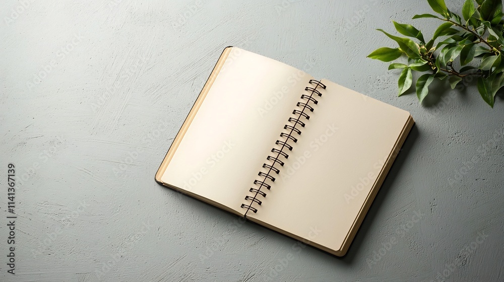 Poster floating open spiral notebook with blank white pages softly shadowed on a light gray background mini