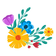 Flower bouquet wedding ornament vector illustration with leaves on transparent background
