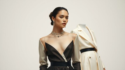 Model showcases elegant fashion design during a runway presentation highlighting sophisticated styles and detailed craftsmanship