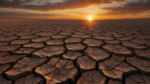 AI Generate dry cracked land with dramatic sunset and warm lighting.