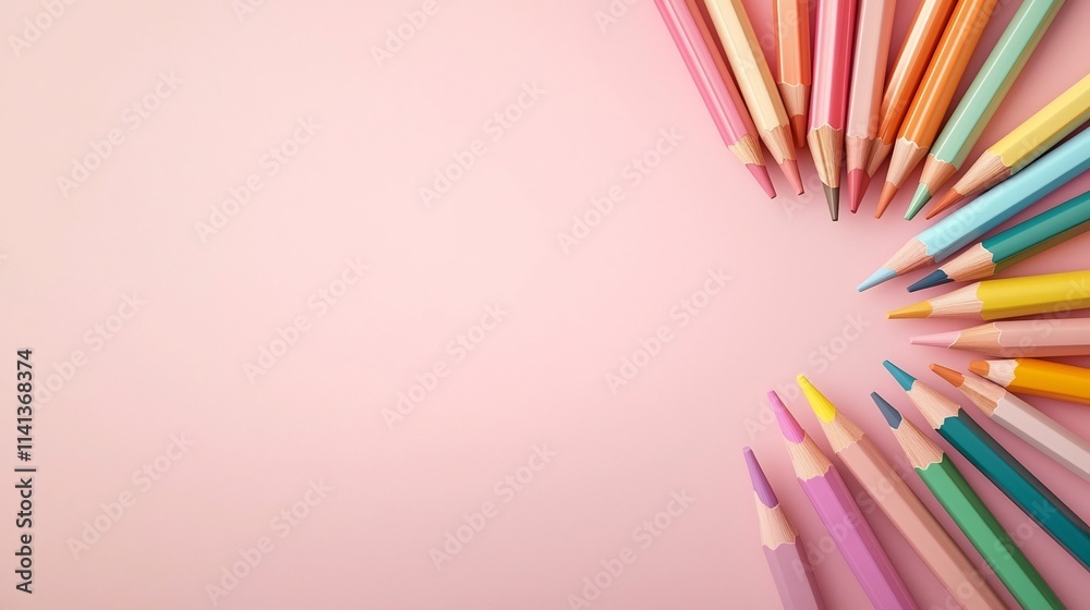 Poster visually striking image showcasing a set of floating color pencils arranged in a fan like shape with