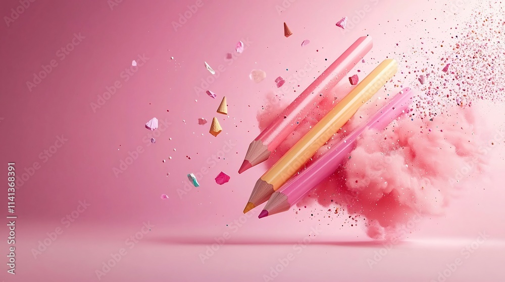 Poster a set of floating color pencils arranged in a fan like shape with soft shadows creating a visually a