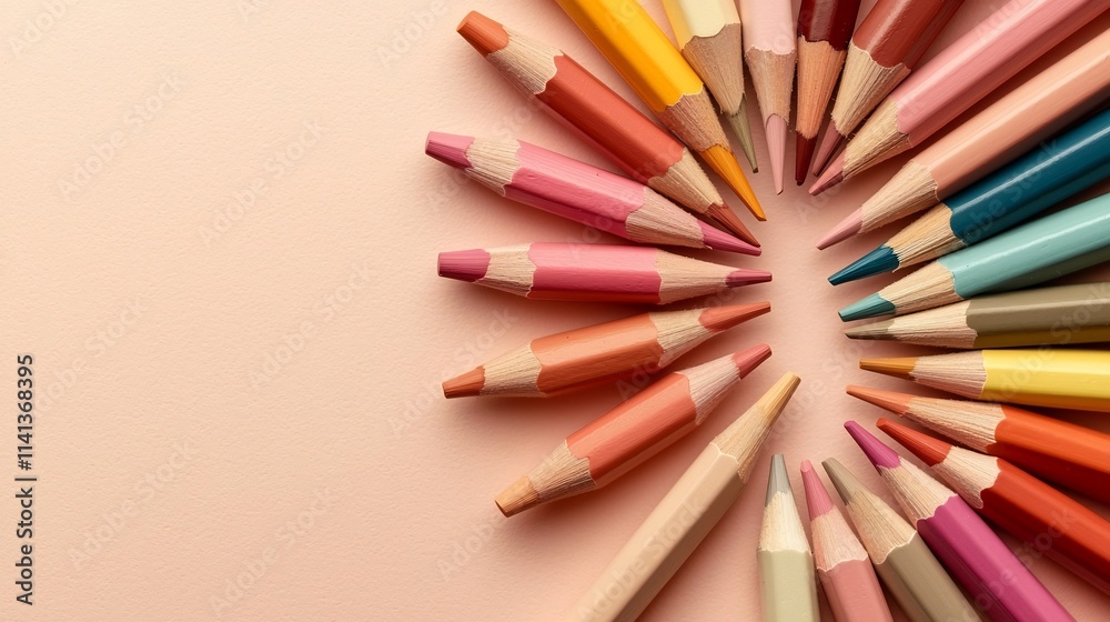 Poster elegant composition of floating color pencils arranged in a fan like shape creating a visually strik