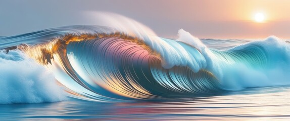 A close-up photograph of a wave at sunset, taken from underwater, showing the wave crest in vibrant blue and green hues, with the sun's golden light reflecting off the water's surface. The wave is cur
