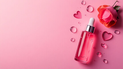 sleek skincare serum bottle with rose petals and hearts on pink