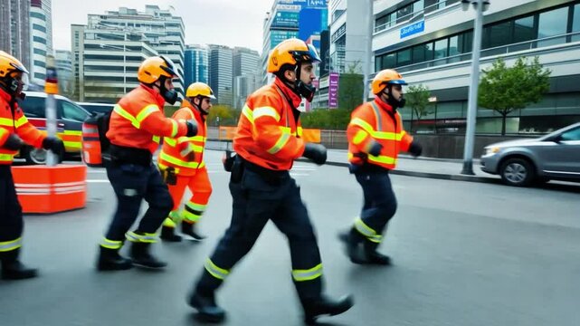 A group of male rescuers in orange jackets were running down the road. Provides a sense of urgency and action