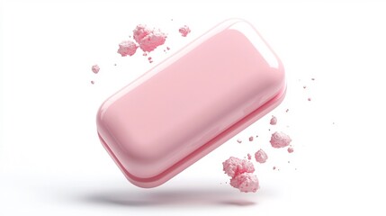 Minimalist and modern 3D rendering of a soft clean edged pink eraser floating and suspended against a bright white background creating a sleek elegant
