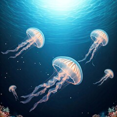Naklejka premium floating glowing jellyfish in a tranquil ocean, glowing jellyfish, tranquil ocean, underwater wonder, luminous marine life, enchanting glow, surreal beauty, no people, aquatic elegance, captivating