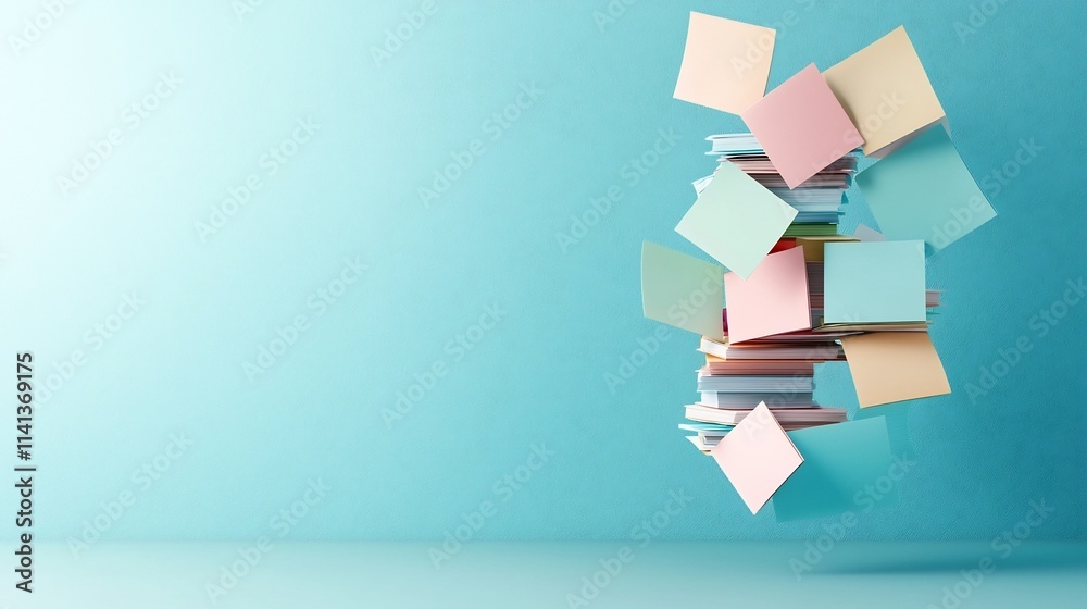 Poster A visually striking arrangement of pastel colored sticky notes neatly stacked and seemingly floating against a clean white background creating a modern minimalist and abstract composition
