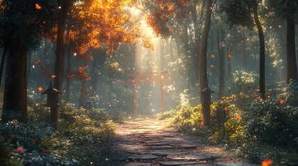 Fototapeta premium Autumn Path to Tranquility: A Japanese Forest Scene