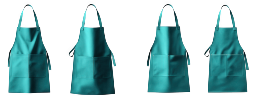 four turquoise aprons with pockets isolated on a transparent background they are angled in different directions
