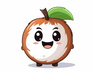 Cute Cartoon Character of a Happy Coconut with a Green Leaf