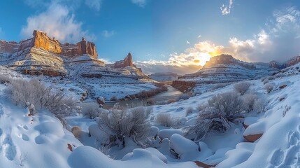 Obraz premium Snow-covered canyon landscape at sunset.