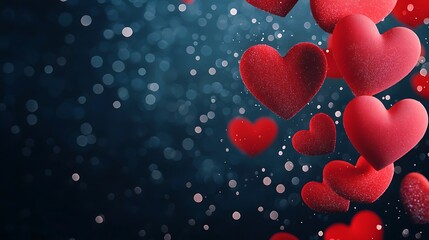 Obraz premium A serene background showcases floating red hearts, creating a romantic and dreamy atmosphere with a hint of sparkling elements.