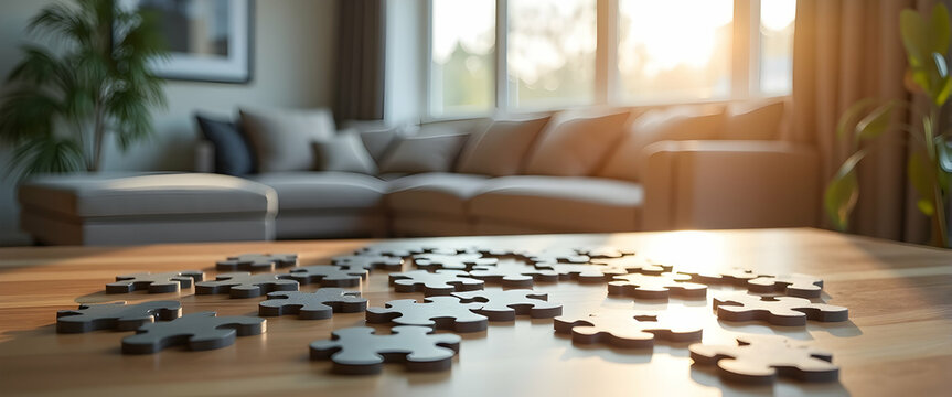 Unassembled puzzle pieces bathed in warm sunlight on a wooden table, a living room subtly blurred in the background. A scene of calm contemplation.