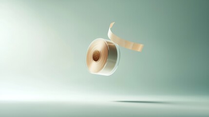 A floating roll of transparent tape gently suspended against a clean white surface creating a minimalist and elegant composition with reflections and a sense of weightlessness