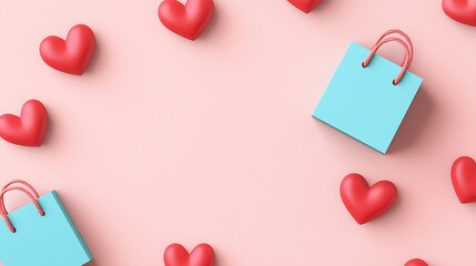 A colorful flat lay featuring red hearts and blue shopping bags on a soft pink background, evoking feelings of love and shopping.