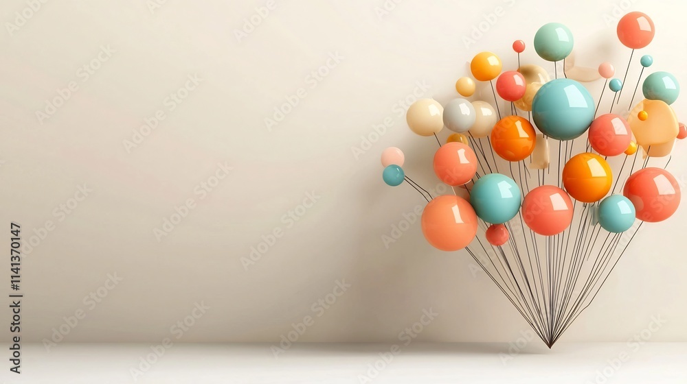 Poster ethereal and minimalist image of a set of vibrant colorful push pins softly floating against a muted