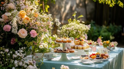 Fototapeta premium Elegant Garden Tea Party Setup with Floral Arrangements