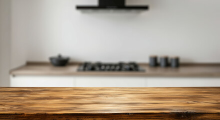 Obraz premium Wooden Tabletop with Blurred Modern Kitchen Background
