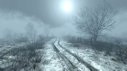 Obraz premium Snowy, foggy landscape with tire tracks on a dirt road, bare trees, and a fence.